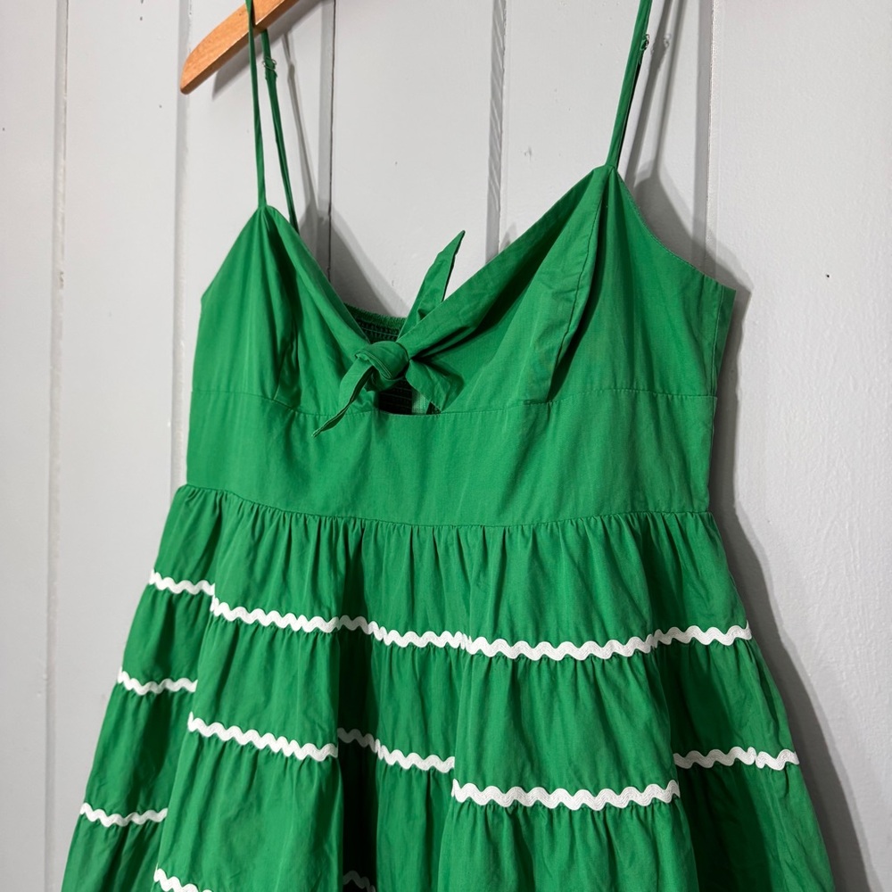 Moodie Green Babydoll Mini Dress Flare Ric Rac Trim Tie Front Smocked Back Large - Picture 2 of 15